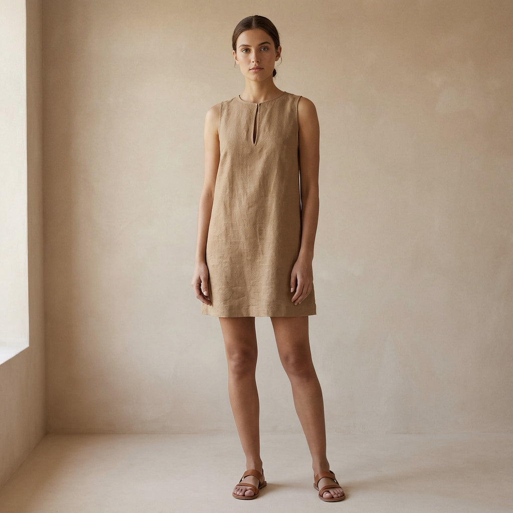Beige Cotton Sleeveless A-Line Short Shift Dress