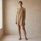 Beige Cotton Sleeveless A-Line Short Shift Dress