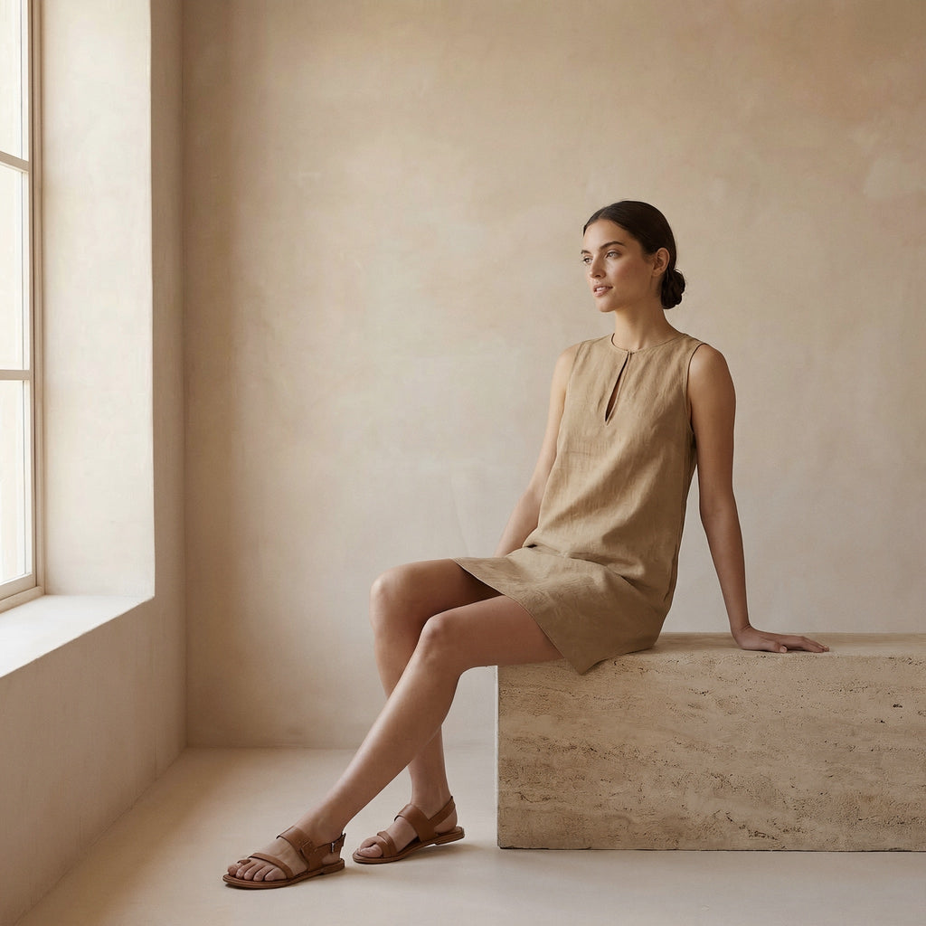 Beige Cotton Sleeveless A-Line Short Shift Dress