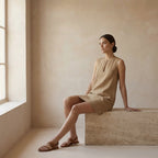 Beige Cotton Sleeveless A-Line Short Shift Dress