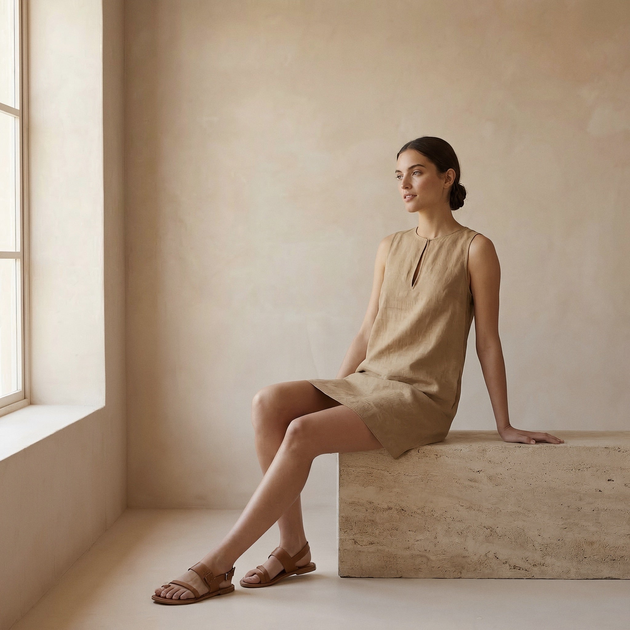 Beige Cotton Sleeveless A-Line Short Shift Dress