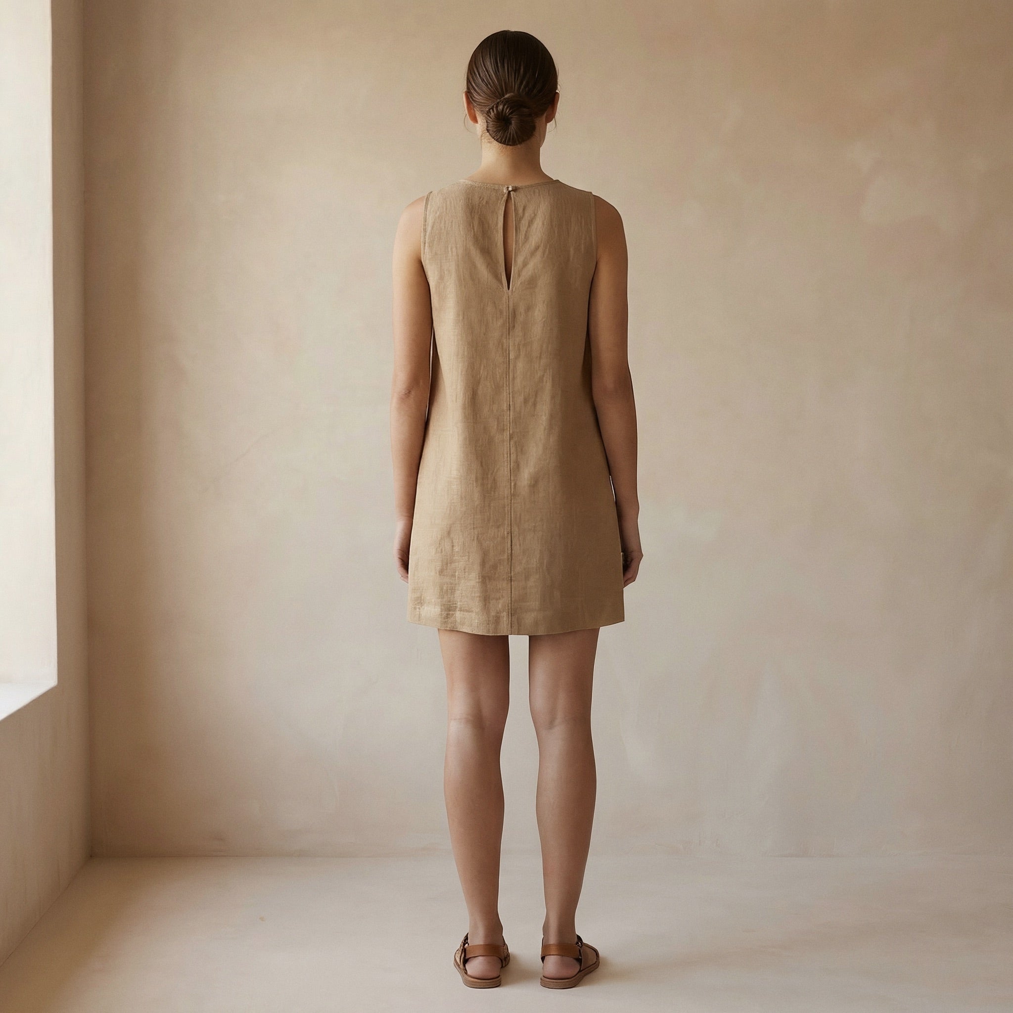Beige Cotton Sleeveless A-Line Short Shift Dress