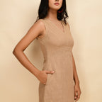 Front Detail of a Model wearing Beige Cotton Sleeveless Slim Fit Short Dress