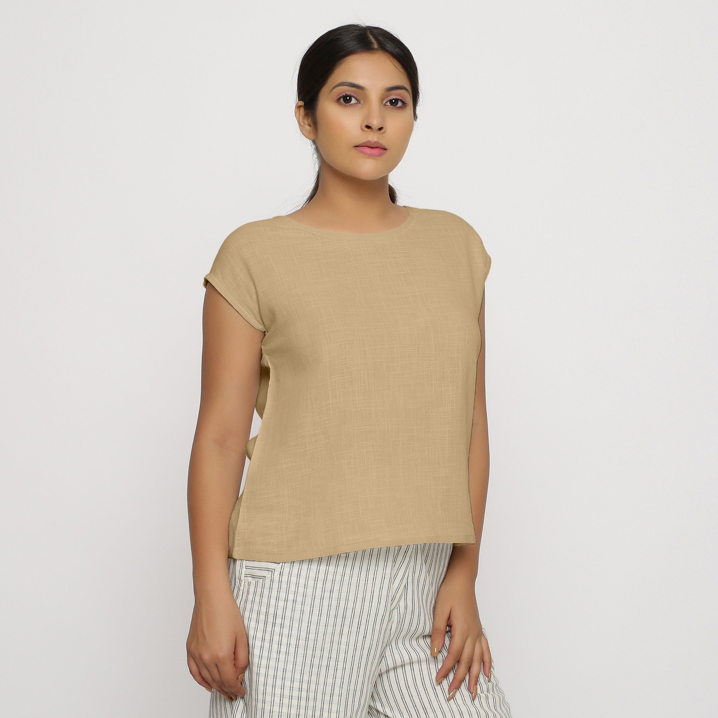Front View of a Model wearing Beige Cotton Slub Straight Top
