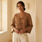 Beige Cotton Tie-Front Blouse