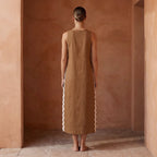 Beige Cotton Wavy Stripe Maxi Shift Dress