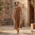 Beige Cotton Wavy Stripe Maxi Shift Dress