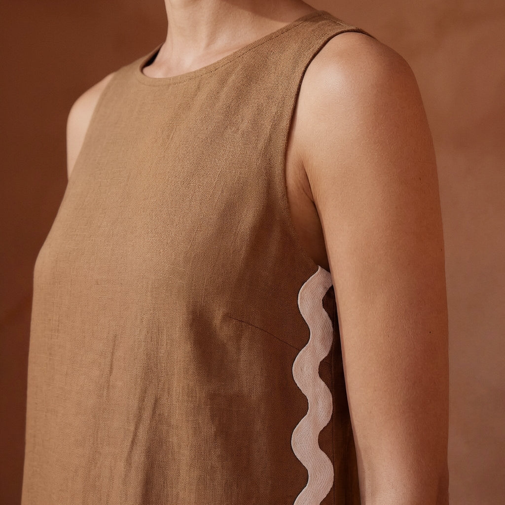 Beige Cotton Wavy Stripe Maxi Shift Dress
