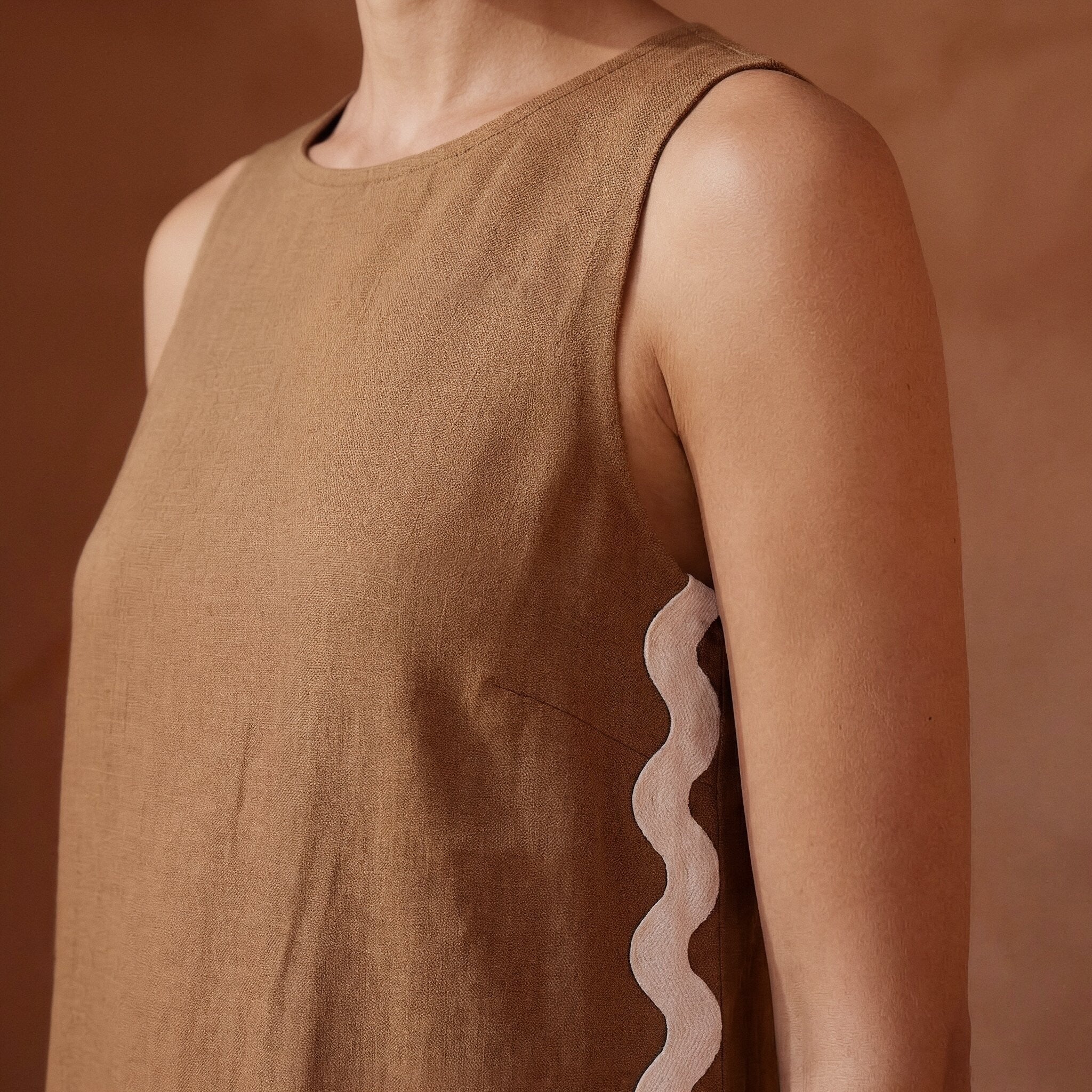 Beige Cotton Wavy Stripe Maxi Shift Dress