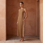Beige Cotton Wavy Stripe Maxi Shift Dress