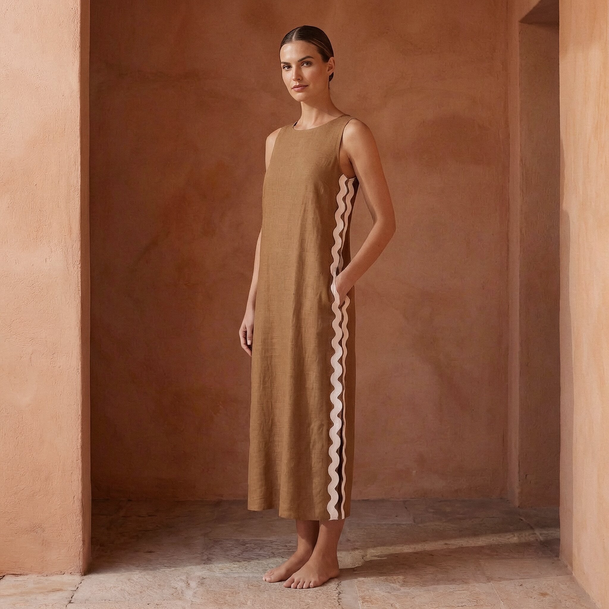 Beige Cotton Wavy Stripe Maxi Shift Dress