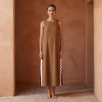 Beige Cotton Wavy Stripe Maxi Shift Dress