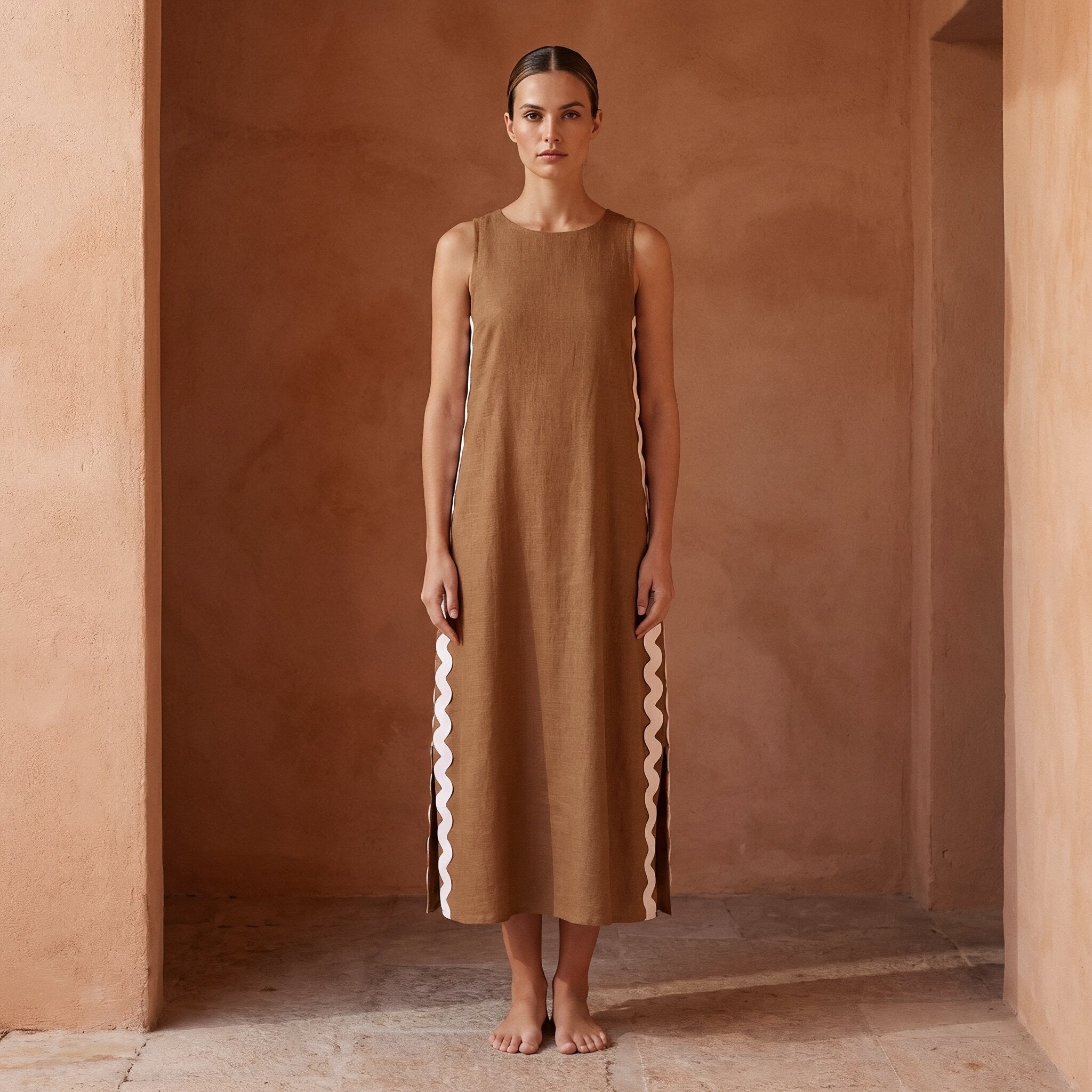 Beige Cotton Wavy Stripe Maxi Shift Dress