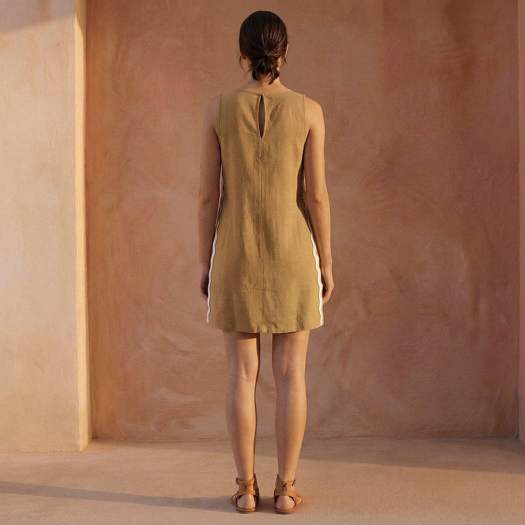 Beige Cotton Wavy Stripe Short Shift Dress