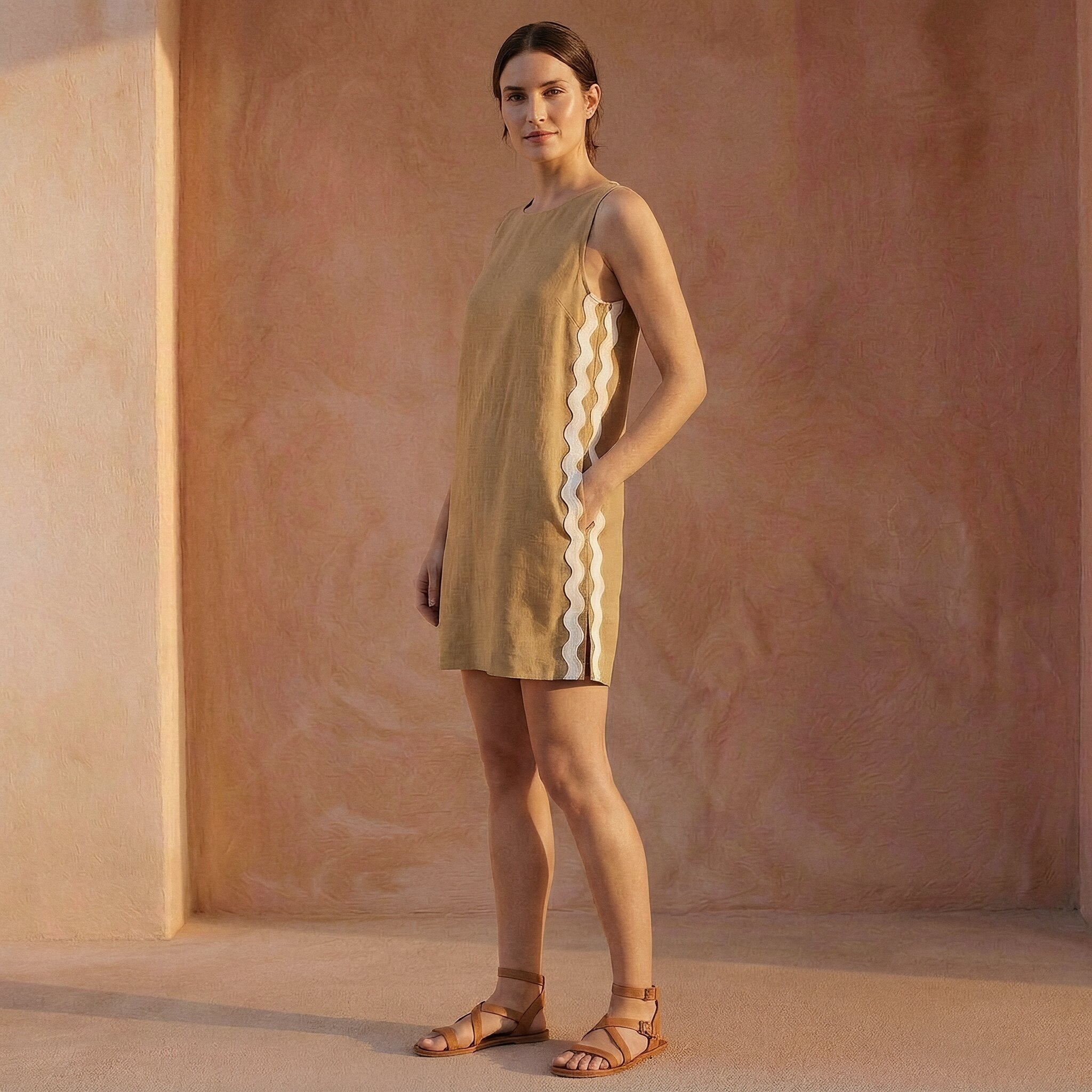 Beige Cotton Wavy Stripe Short Shift Dress