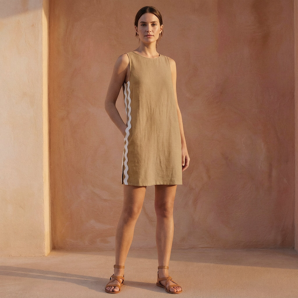 Beige Cotton Wavy Stripe Short Shift Dress