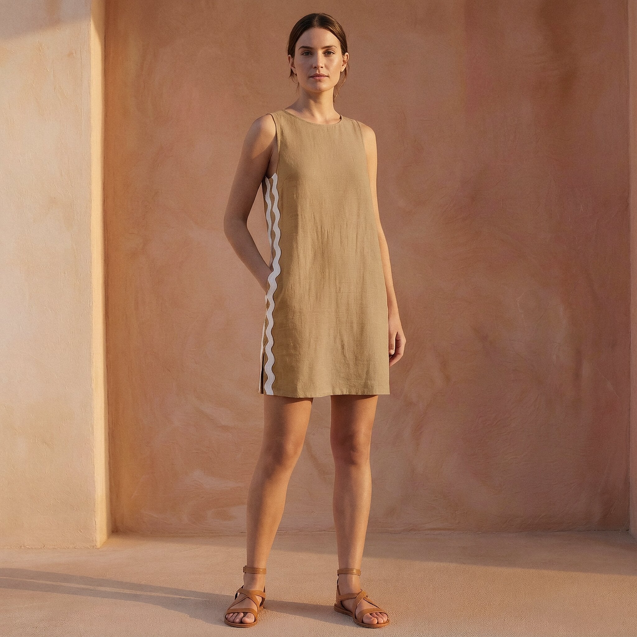 Beige Cotton Wavy Stripe Short Shift Dress