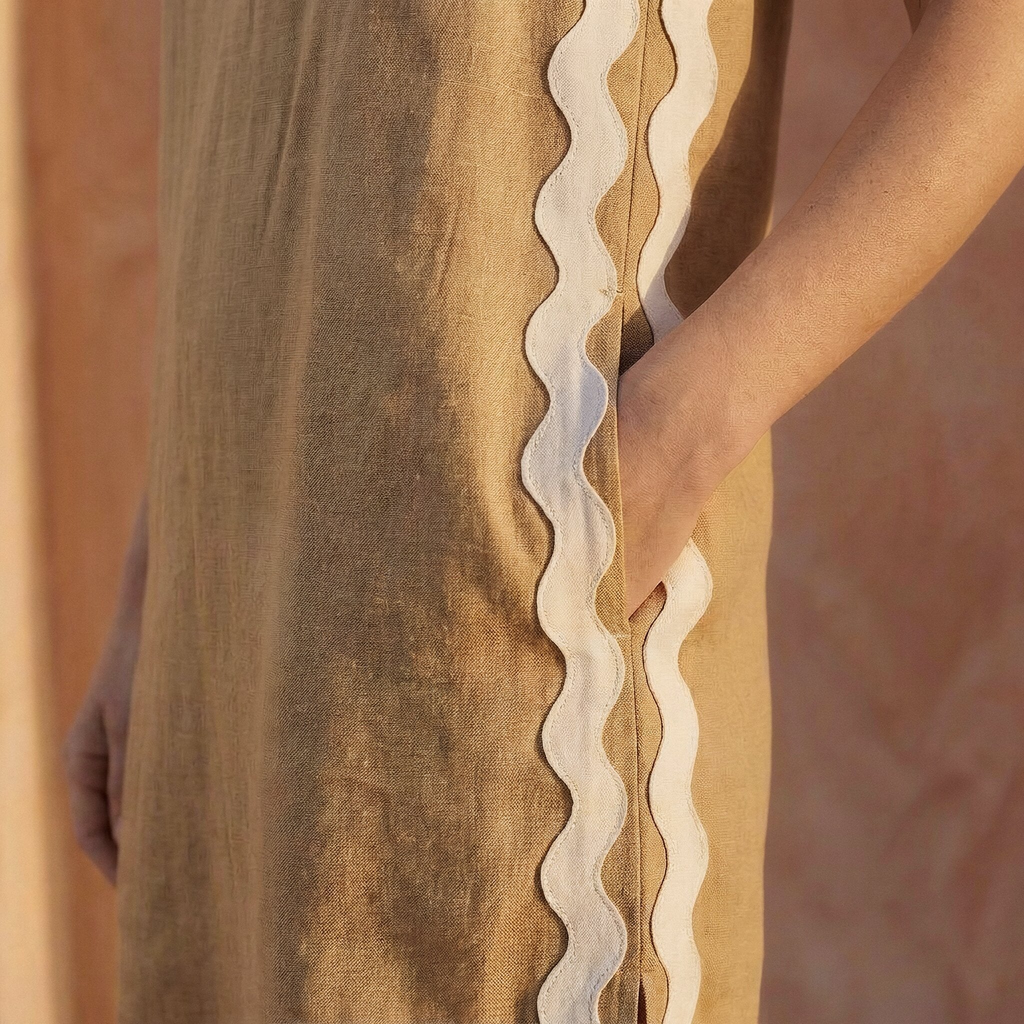 Beige Cotton Wavy Stripe Short Shift Dress