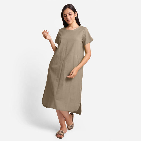 Front View of a Model wearing Beige Cotton Welt Pocket Shift Dress