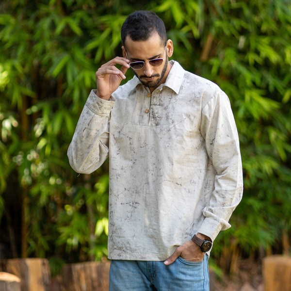 Beige Dabu Hand-Lep Cotton Full Sleeve Polo T-Shirt