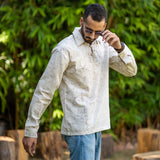 Beige Dabu Hand-Lep Cotton Full Sleeve Polo T-Shirt