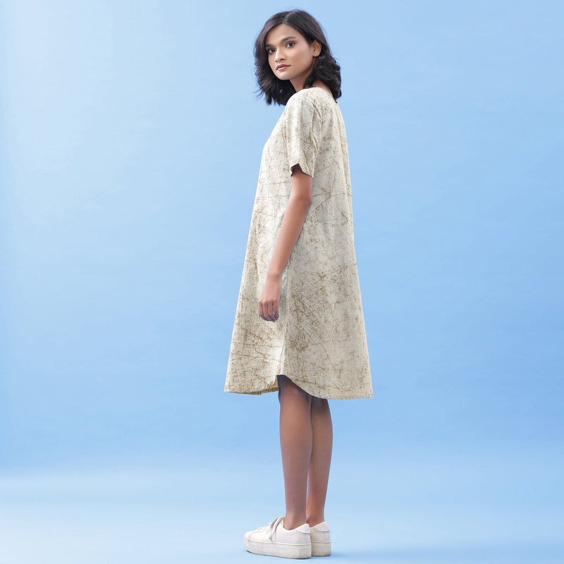 Beige Dabu Print Cotton Knee Length Dress