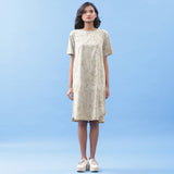 Beige Dabu Print Cotton Knee Length Dress