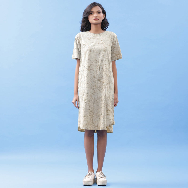Beige Dabu Print Cotton Knee Length Dress