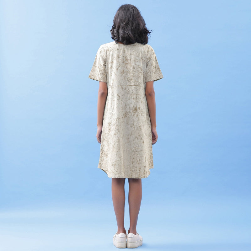 Beige Dabu Print Cotton Knee Length Dress