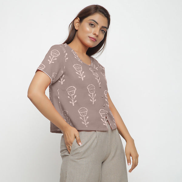 Right Beige Dabu Print Relaxed Sleeves Button-Down Top