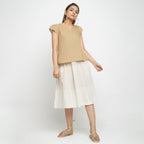 Front View of a Model wearing Beige Puff Sleeves Cotton A-Line Top
