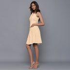 Left View of a Model wearing Beige Flannel Button-Down Dress