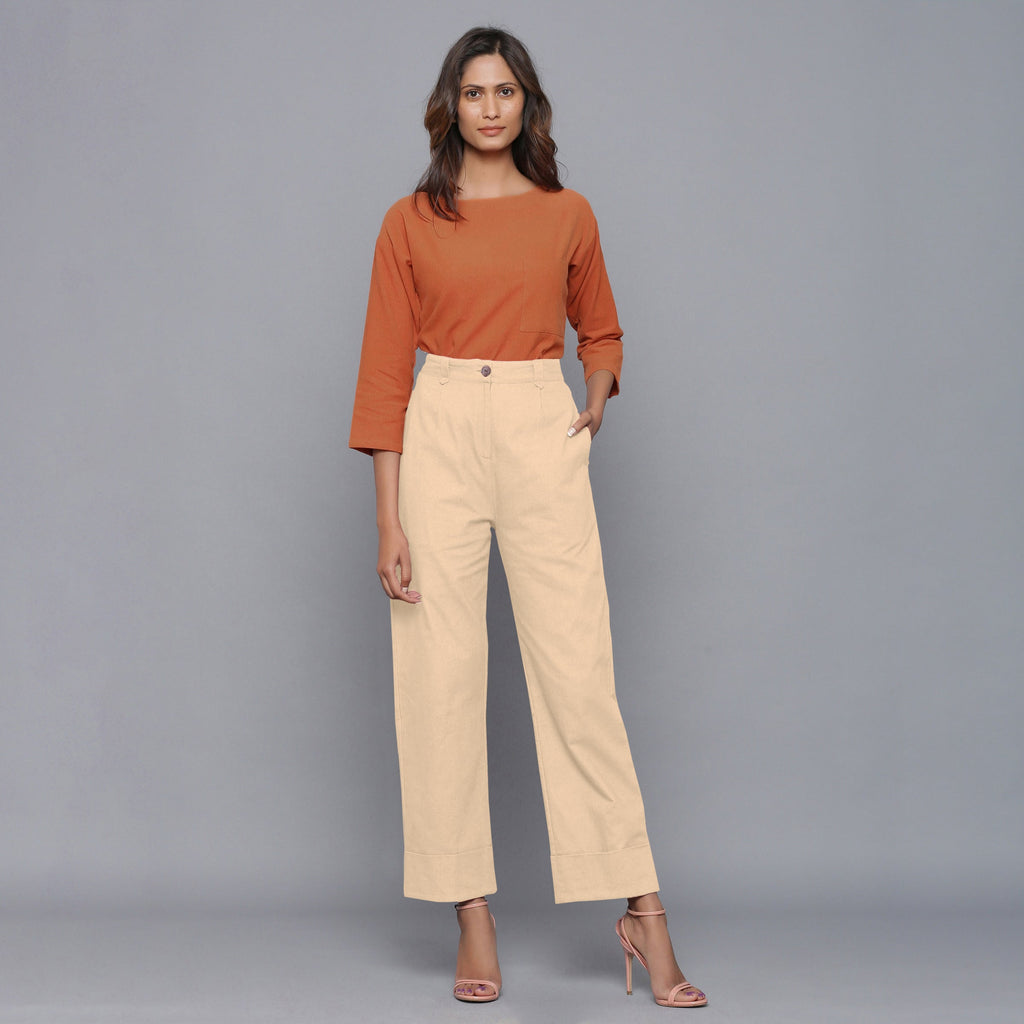 Front View of a Model wearing Beige Flannel Rolled-Up Straight Pant