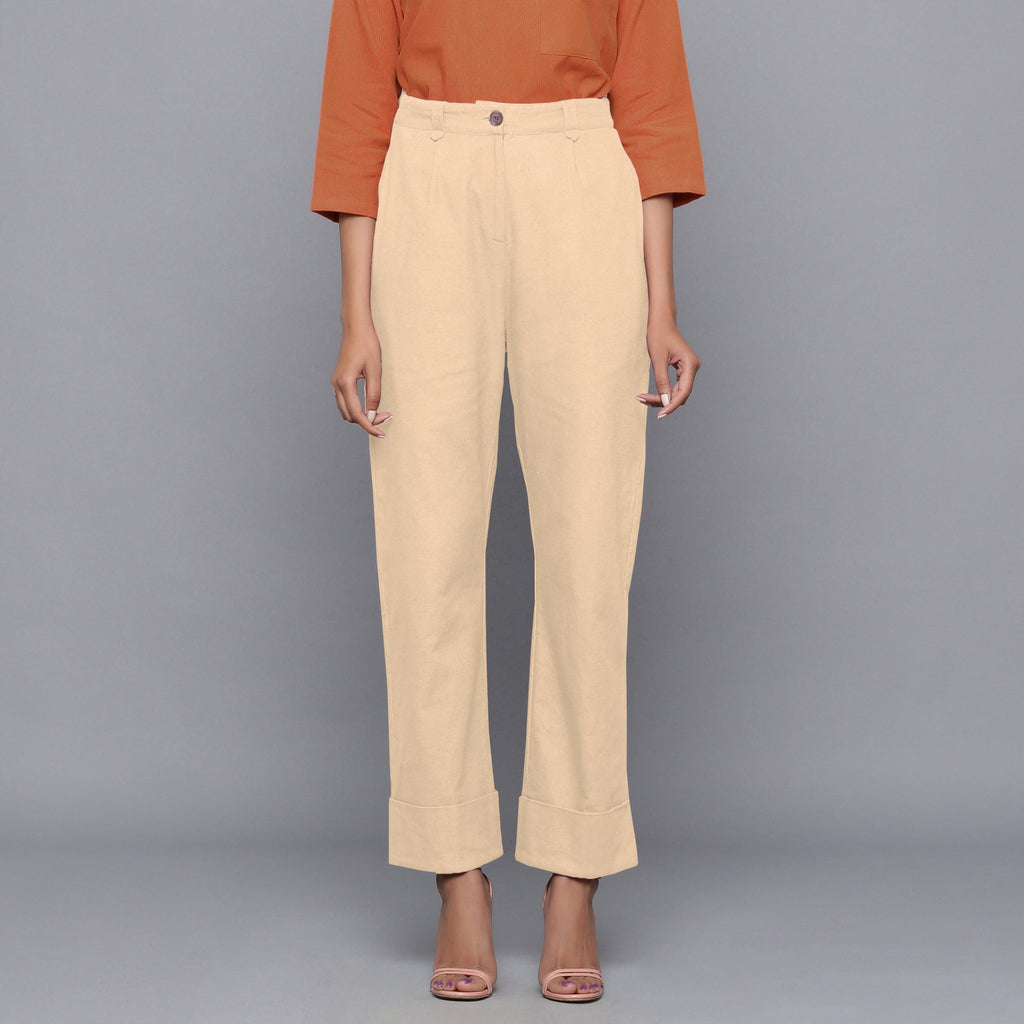 Front View of a Model wearing Beige Flannel Rolled-Up Straight Pant