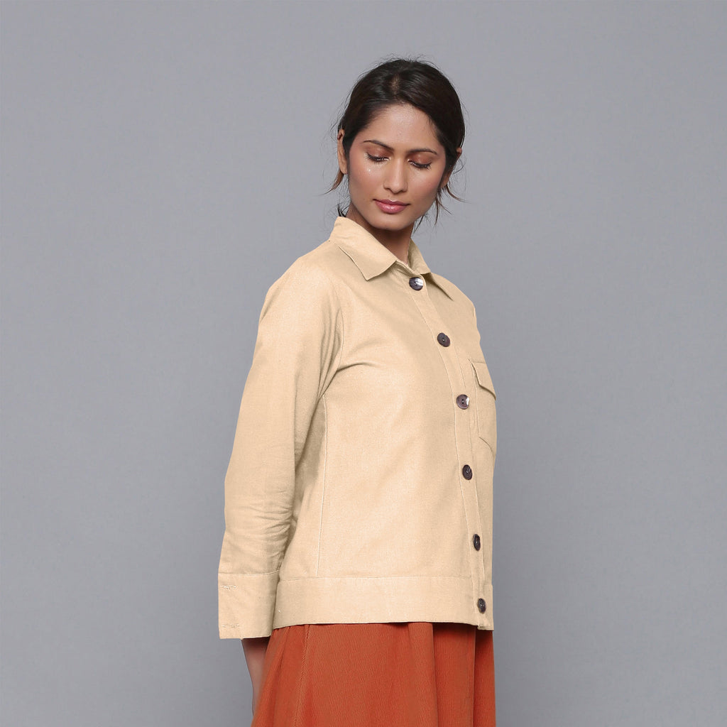 Right View of a Model wearing Beige Flannel Short Jacket