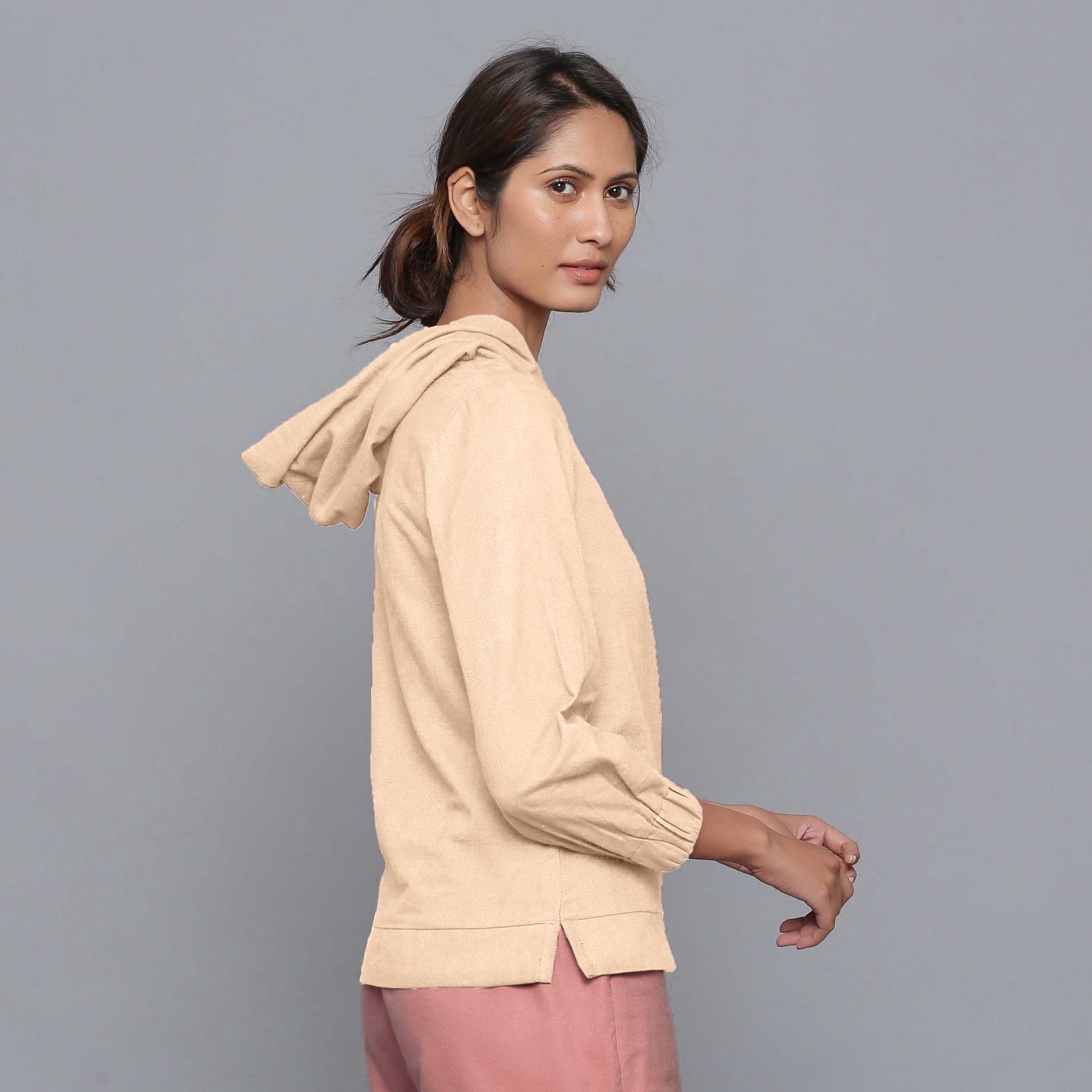 Right View of a Model wearing Beige Flannel Straight Hoodie Top