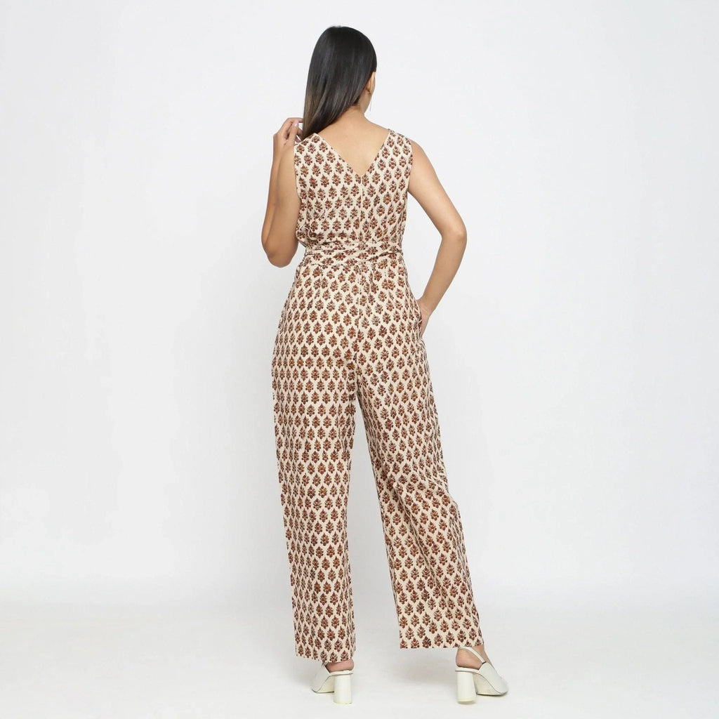 Back View of a Model wearing Bagru Print Beige Floral Jumpsuit