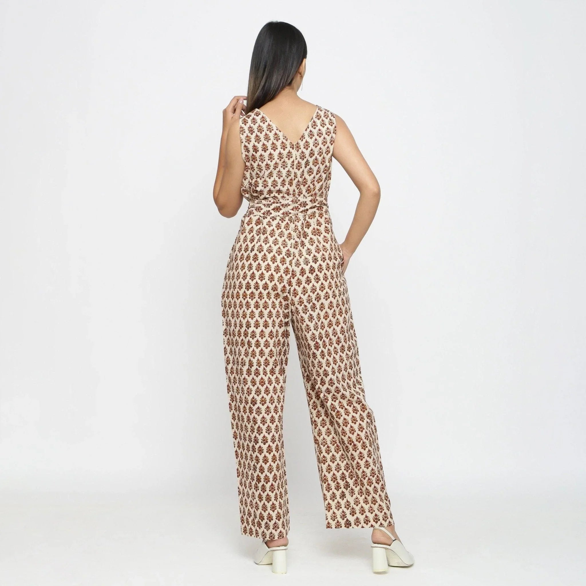 Back View of a Model wearing Bagru Print Beige Floral Jumpsuit