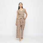 Front View of a Model wearing Bagru Print Beige Floral Jumpsuit