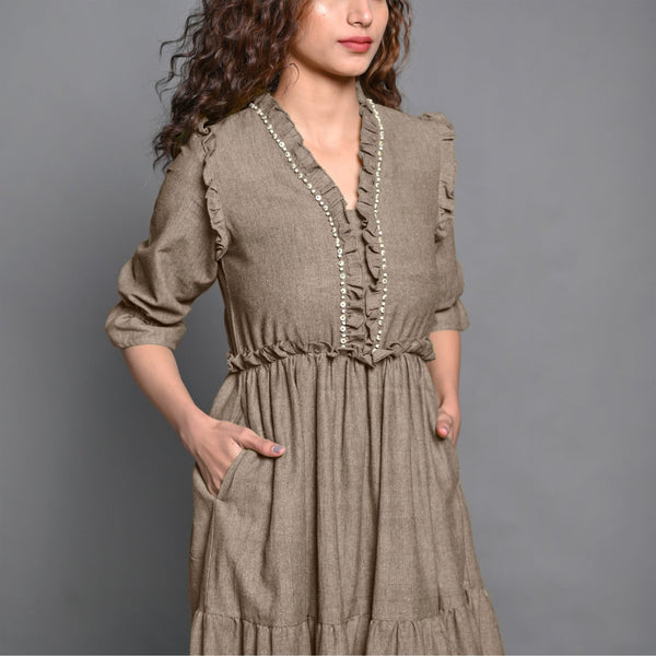 Beige Hand-Beaded Cotton Flax Boho Maxi Dress