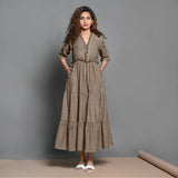 Beige Hand-Beaded Cotton Flax Boho Maxi Dress