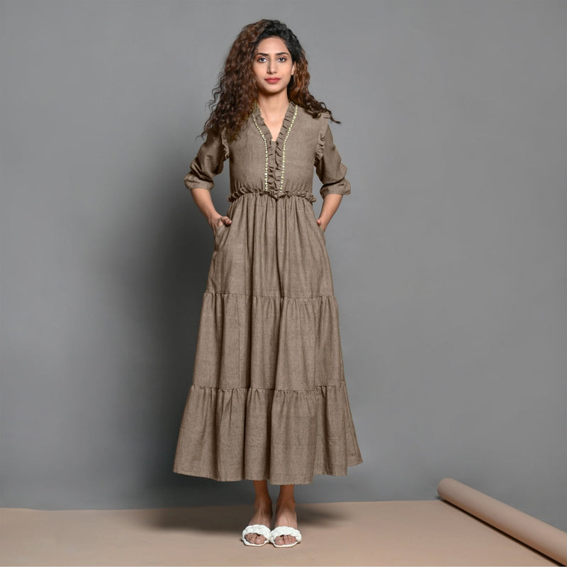 Beige Hand-Beaded Cotton Flax Boho Maxi Dress