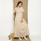 Right View of a Model wearing Handspun Cotton Lace Yoked Dress