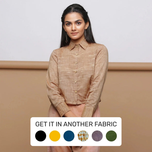 Front View of a Model wearing Beige Handspun Cotton Muslin Button-Down Short Shirt