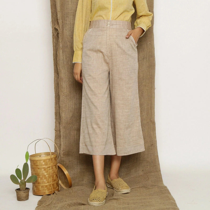 Front View of a Model wearing Beige Handspun Cotton Wide Legged Culotte