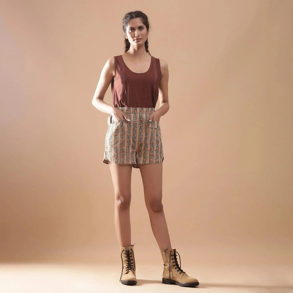 Front View of a Model wearing Beige Kalamkari Comfort Fit Shorts
