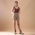 Front View of a Model wearing Beige Kalamkari Comfort Fit Shorts