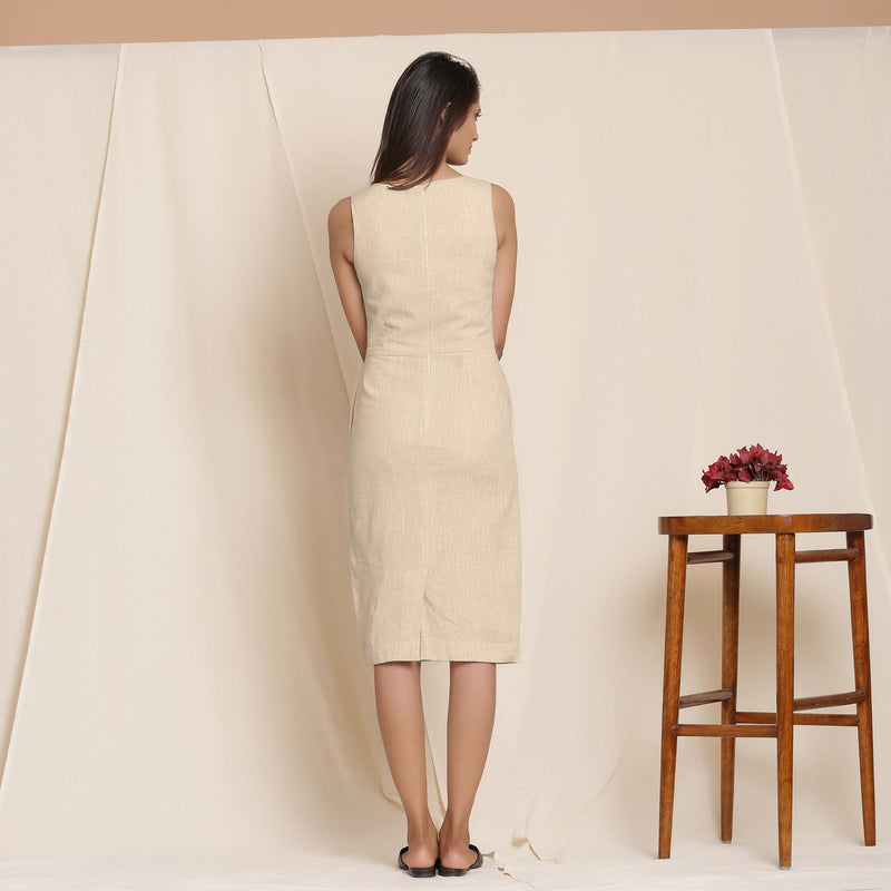 Back View of a Model wearing Beige Knee Length Cotton Sheath Dress