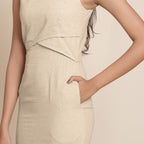 Front Detail of a Model wearing Beige Knee Length Cotton Sheath Dress