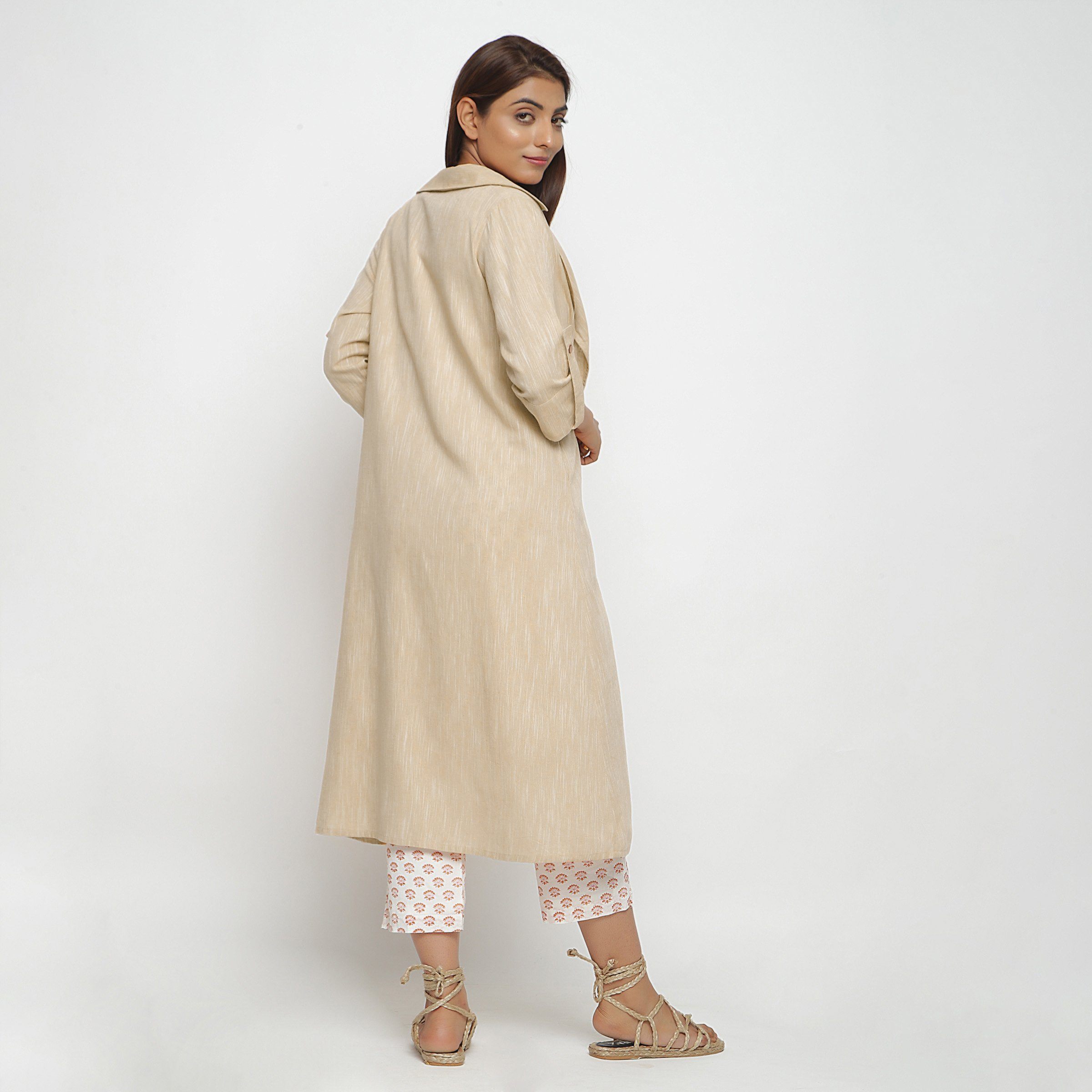 Back View of a Model wearing Beige Lapel Collar Cotton Overlay